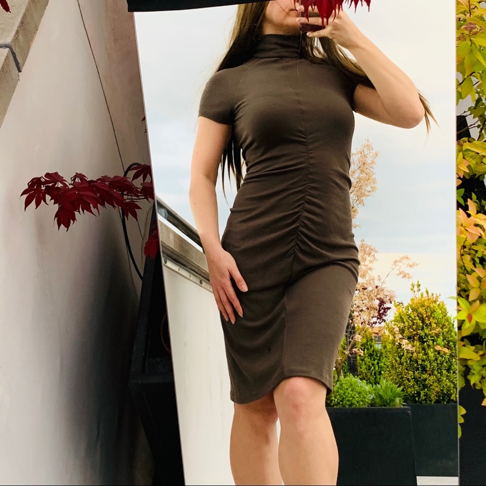Zenobia Ruched Army Camo Virgin Wool Ruched Front Bodycon Dress